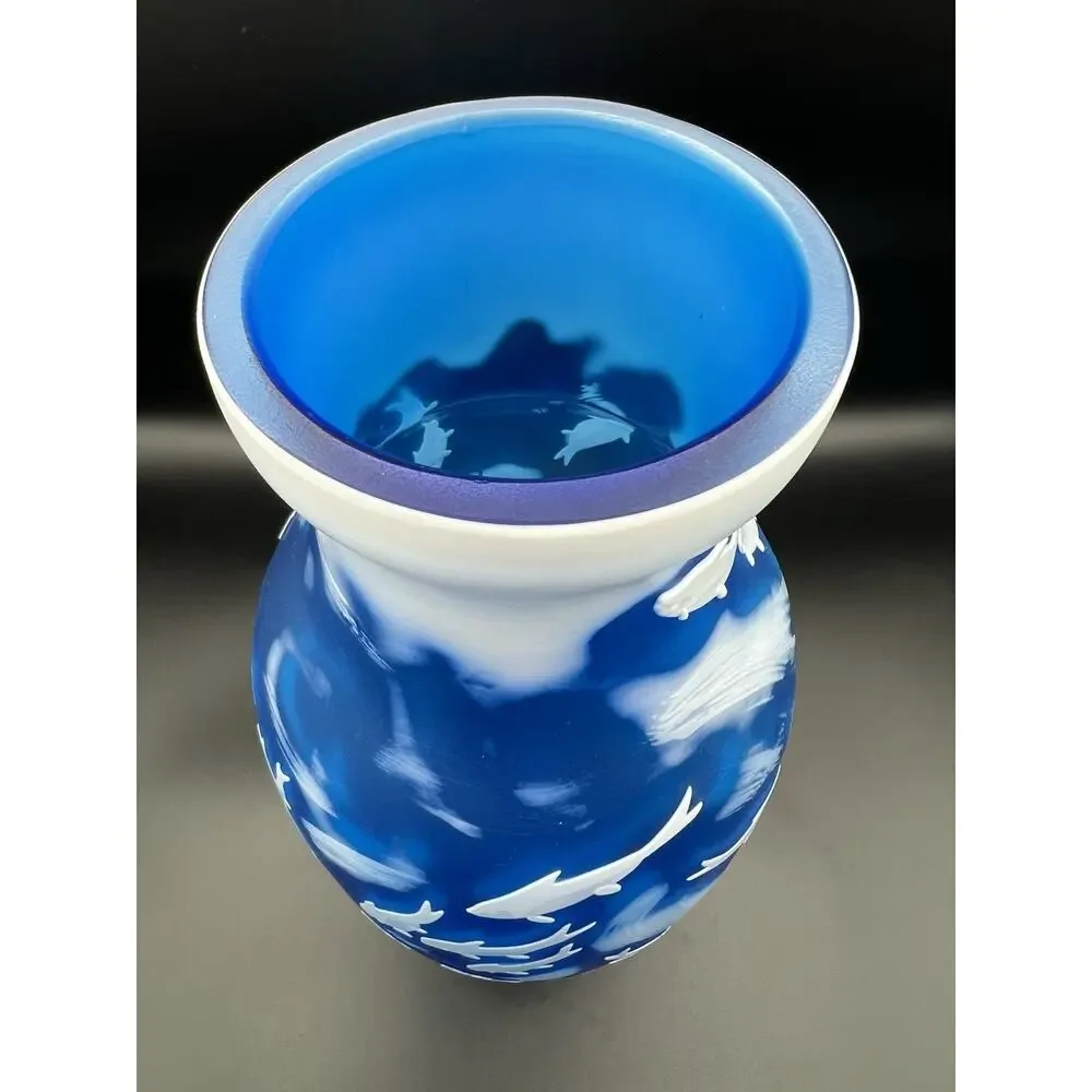 Emile Galle Reproduction Blue Cameo Glass Vase with White Fish 14” Coastal Decor